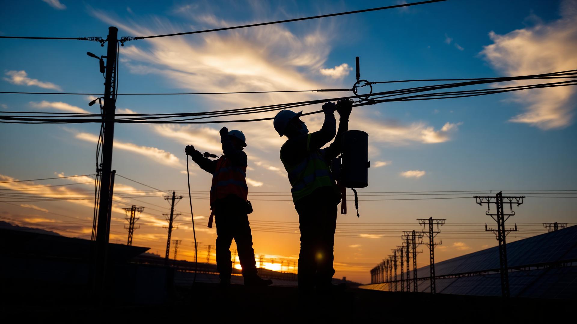 Electrical technicians working on high-voltage infrastructure at sunset